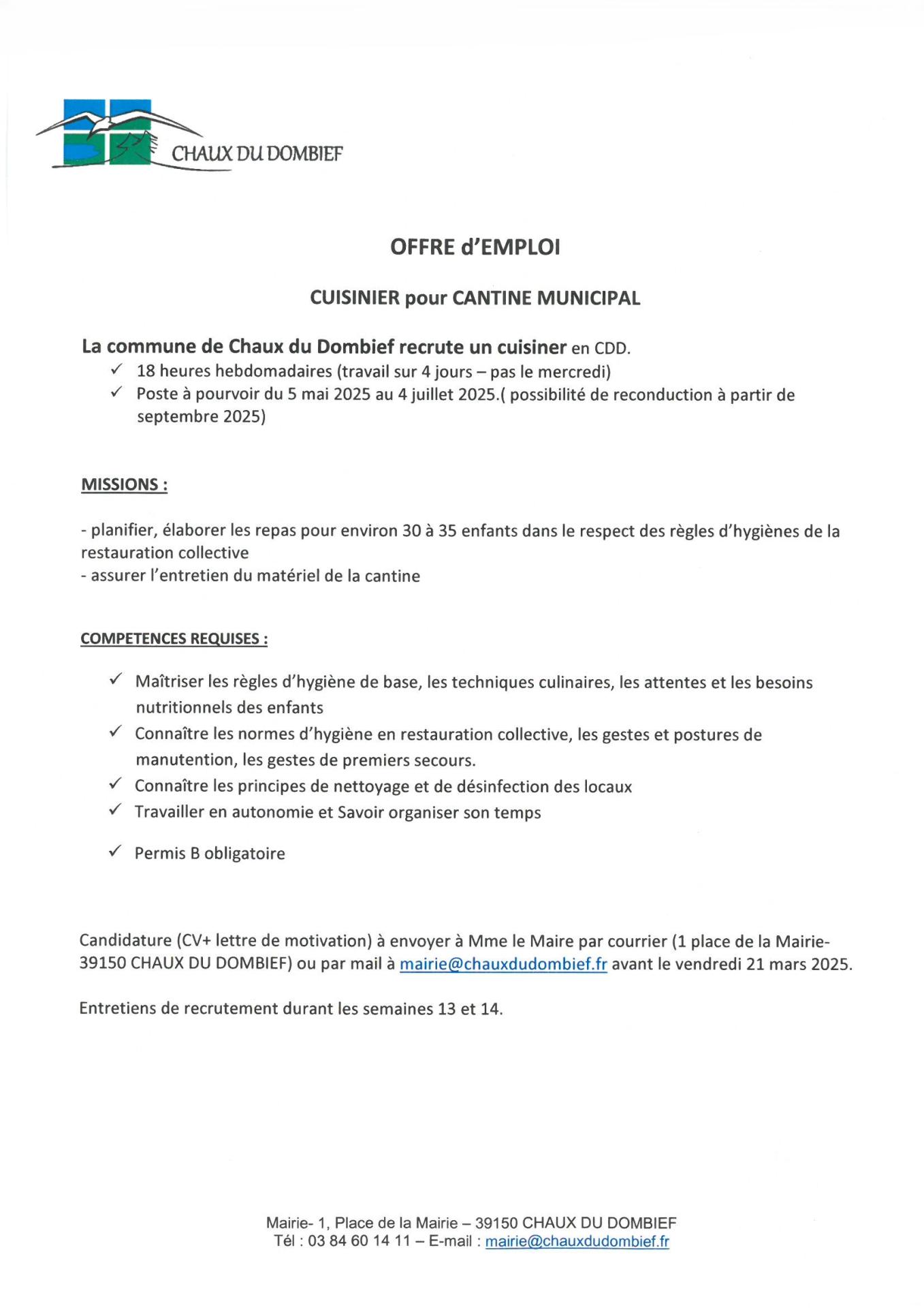 Offre emploi cuisinier